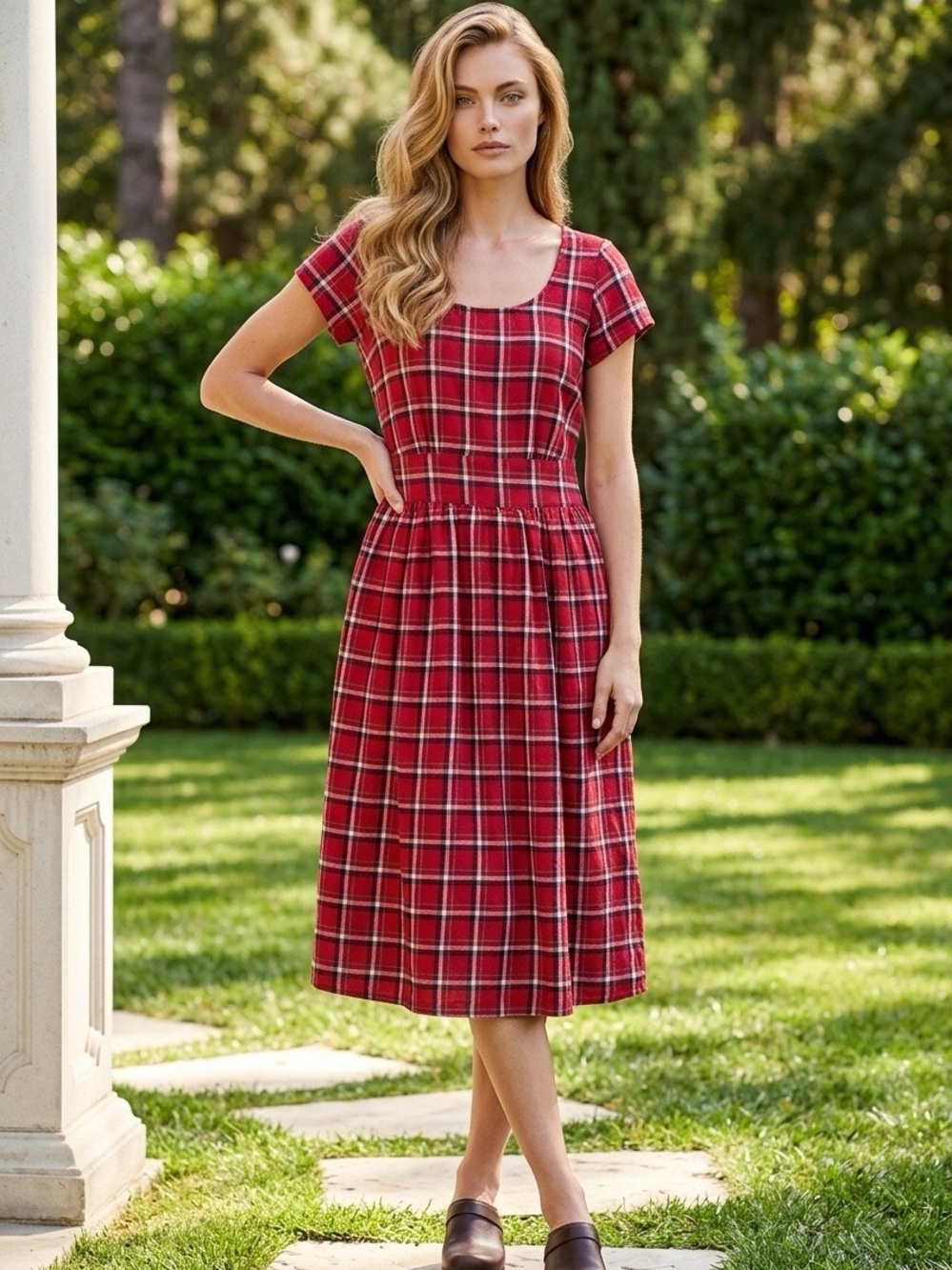 eshakti Red Plaid Short-Sleeve Scoop-Neck Midi Dress